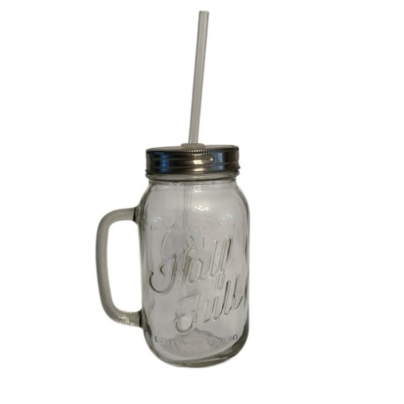 Life is Good “Half Full” Clear Glass Mason Jar Mug with Straw - Picture 1 of 4